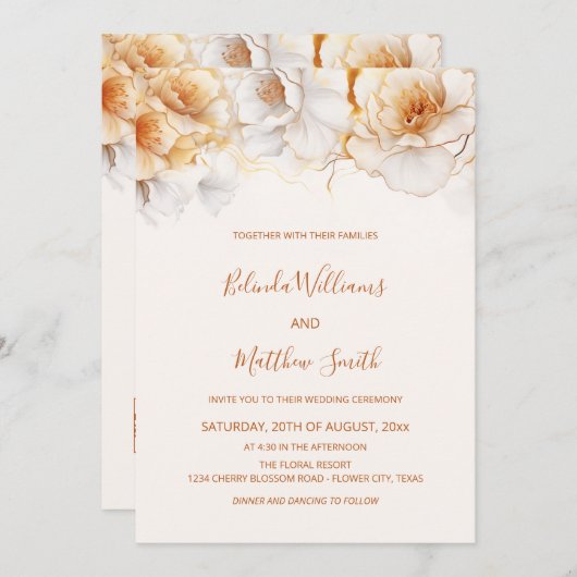 Invitation Fleurs blanches d'or (Devant / Derrière)