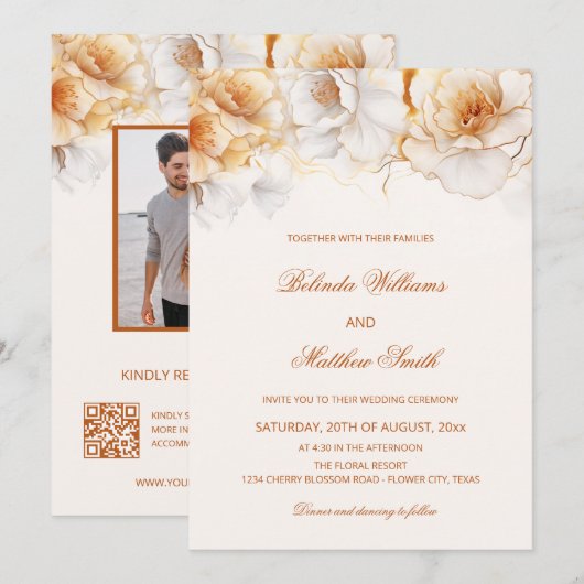 Invitation Fleurs blanches d'or (Devant / Derrière)