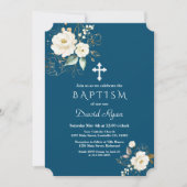 Invitation Fleurs blanches d'or de luxe Cross Boy Baptism (Devant)