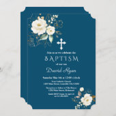 Invitation Fleurs blanches d'or de luxe Cross Boy Baptism (Devant / Derrière)