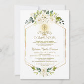 Invitation Fleurs blanches d'or uniques Première communion sa (Devant)