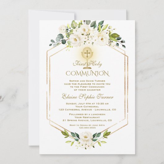 Invitation Fleurs blanches d'or uniques Première communion sa (Devant)