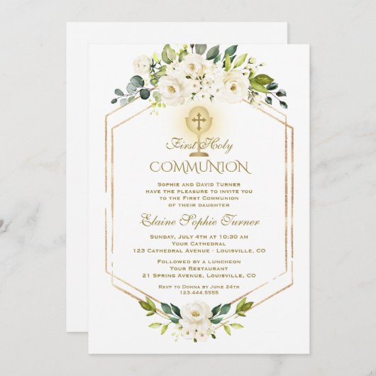 Invitation Fleurs blanches d'or uniques Première communion sa (Devant / Derrière)
