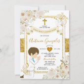 Invitation Fleurs Blanches Dorées Garçon Première Sainte Comm (Devant)