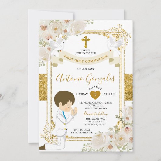 Invitation Fleurs Blanches Dorées Garçon Première Sainte Comm (Devant)