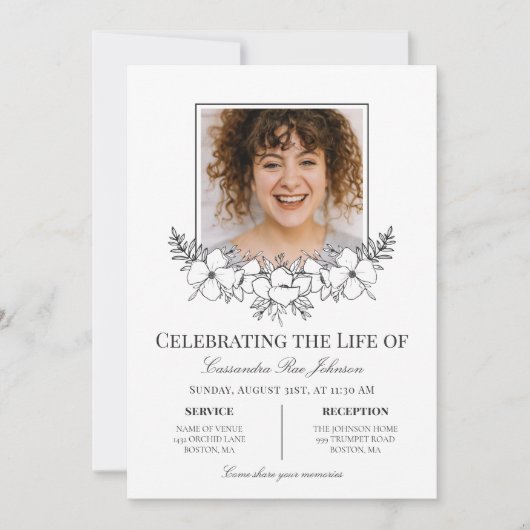 Invitation Fleurs blanches élégantes avec funérailles commémo (Devant)