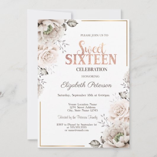 Invitation Fleurs blanches élégantes Douces 16 (Devant)