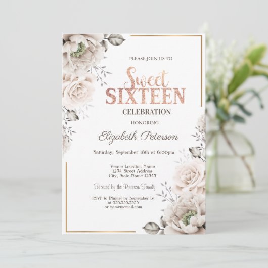 Invitation Fleurs blanches élégantes Douces 16 (Debout devant)