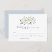 Invitation Fleurs blanches élégantes Mariage bleu foncé RSVP (Devant / Derrière)
