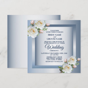 Invitation Fleurs Blanches Élégantes Mariage Bleu Gris