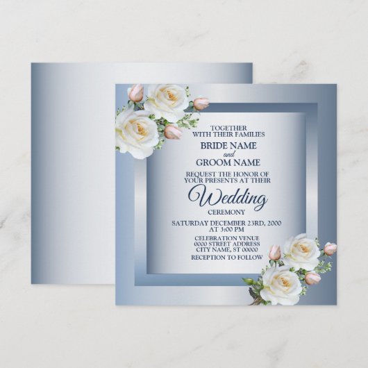 Invitation Fleurs Blanches Élégantes Mariage Bleu Gris (Devant / Derrière)