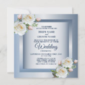 Invitation Fleurs Blanches Élégantes Mariage Bleu Gris (Devant)