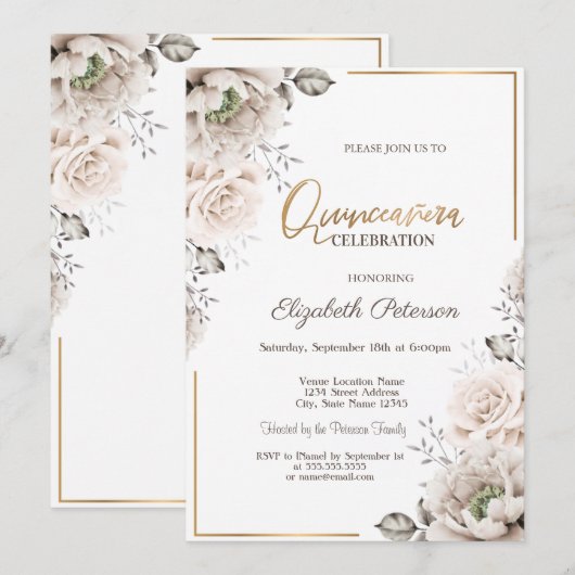 Invitation Fleurs Blanches Élégantes Quinceañera (Devant / Derrière)