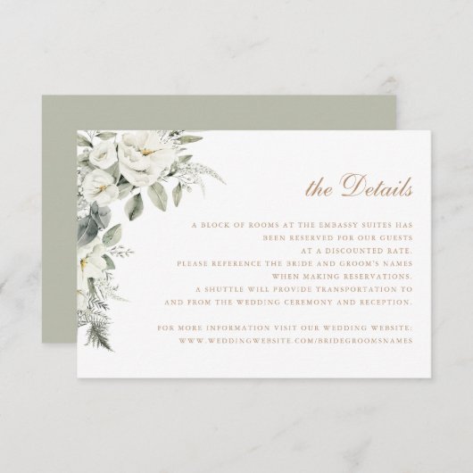 Invitation Fleurs blanches élégantes Sage Green Détails du Ma (Devant / Derrière)