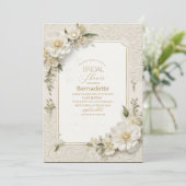 Invitation Fleurs blanches en aquarelle 3D or Fête de mariage (Debout devant)