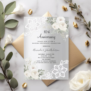 Invitation Fleurs blanches en argent 10e anniversaire mariage