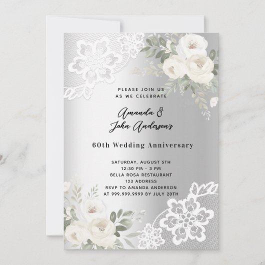Invitation Fleurs blanches en argent 60e anniversaire de mari (Devant)