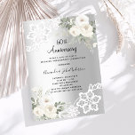 Invitation Fleurs blanches en argent 60e anniversaire de mari<br><div class="desc">Pour un 60e anniversaire de mariage élégant et romantique. Un faux arrière - plan argenté décoré de fleurs blanches,  de roses et de dentelle blanche. Personnalisez et ajoutez vos noms et détails.</div>