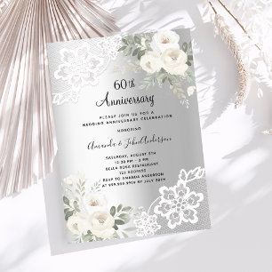 Invitation Fleurs blanches en argent 60e anniversaire de mari