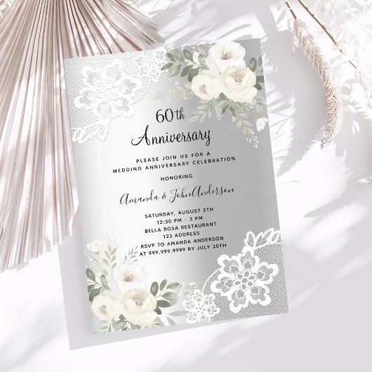 Invitation Fleurs blanches en argent 60e anniversaire de mari