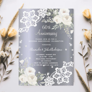 Invitation Fleurs blanches en argent 60e anniversaire de mari