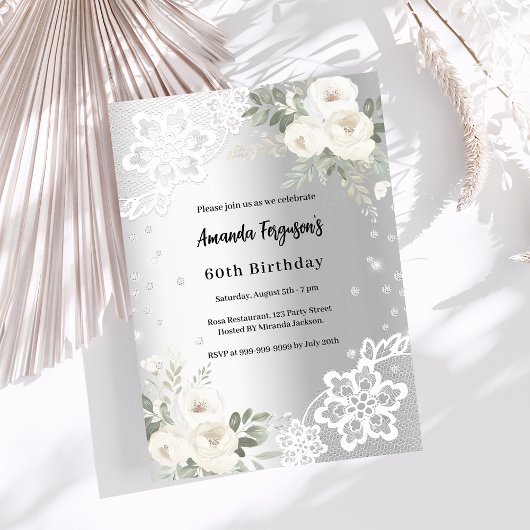 Invitation Fleurs blanches en argent diamants anniversaire de