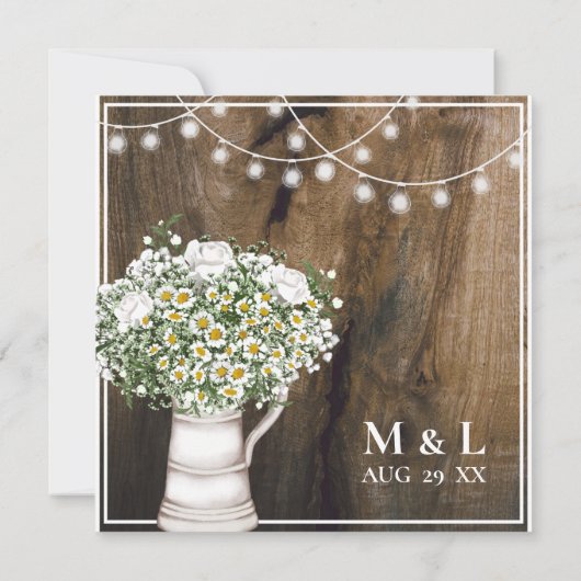 Invitation Fleurs blanches en bois rustique Chaîne de lumière (Dos)