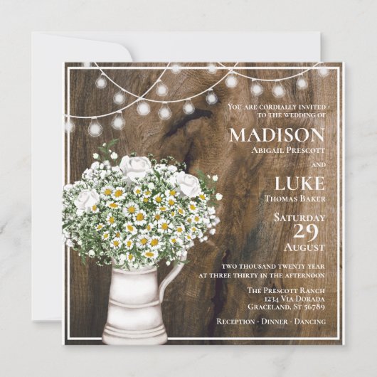 Invitation Fleurs blanches en bois rustique Chaîne de lumière (Devant)