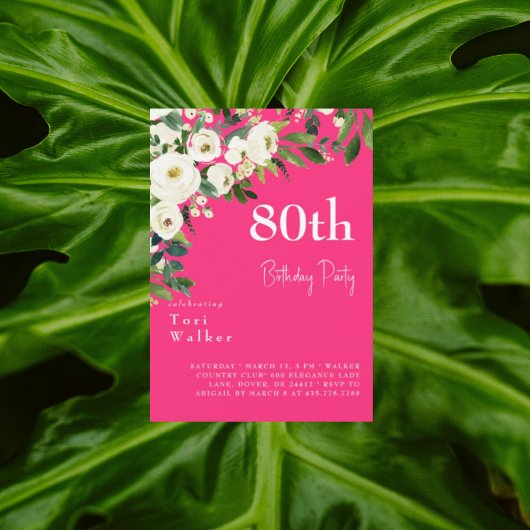 Invitation Fleurs Blanches en Cascade Rose Chaud 80e Annivers