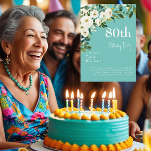 Invitation Fleurs Blanches en Cascade Turquoise 80e Anniversa