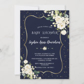 Invitation Fleurs blanches en or de luxe Baby shower bleu mar (Devant)