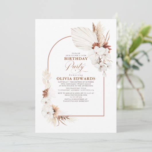 Invitation Fleurs blanches en terre cuite Boho Anniversaire (Debout devant)