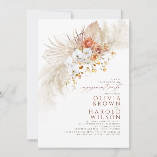 Invitation Fleurs blanches en terre cuite Boho Engagement Par (Devant)