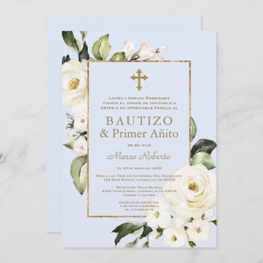 Invitation Fleurs blanches Espagnol Garçon 1er Anniversaire B (Devant / Derrière)