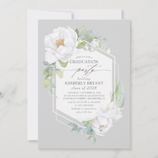 Invitation Fleurs blanches et aquarelle Verdure Graduation (Devant)