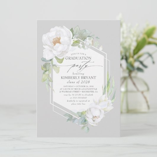 Invitation Fleurs blanches et aquarelle Verdure Graduation (Debout devant)