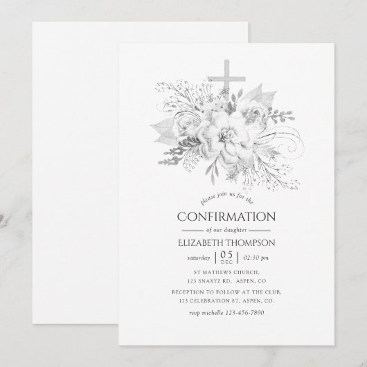 Invitation Fleurs blanches et argentées Confirmation vintage (Devant / Derrière)