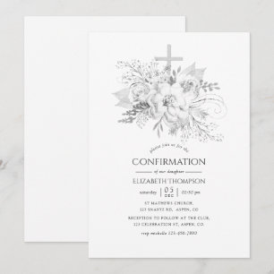 Invitation Fleurs blanches et argentées Confirmation vintage