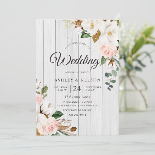 Invitation Fleurs blanches et blanches Elégant Mariage en boi (Debout devant)