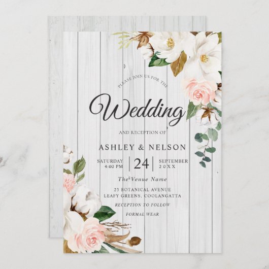 Invitation Fleurs blanches et blanches Elégant Mariage en boi (Devant / Derrière)