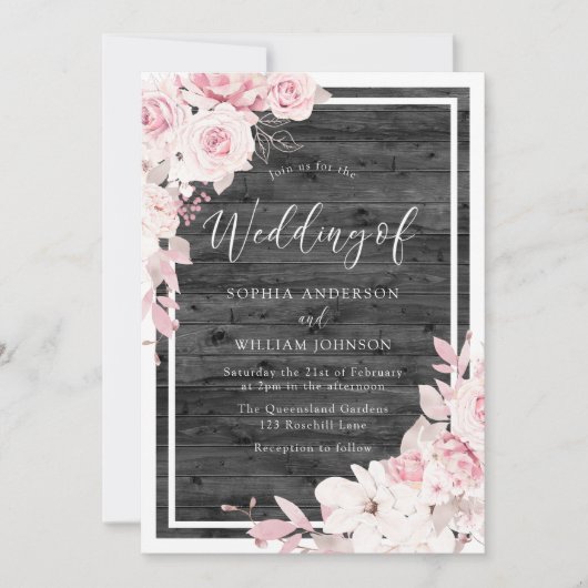 Invitation Fleurs blanches et blanches Mariage noir rustique (Devant)