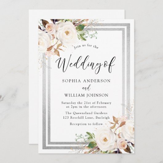 Invitation Fleurs blanches et bleues Bordure argentée Mariage (Devant / Derrière)