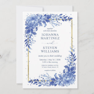 Invitation Fleurs blanches et bleues Cadre doré Mariage