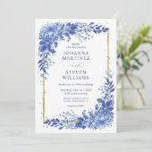 Invitation Fleurs blanches et bleues Cadre doré Mariage (Debout devant)