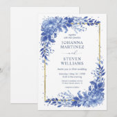Invitation Fleurs blanches et bleues Cadre doré Mariage (Devant / Derrière)
