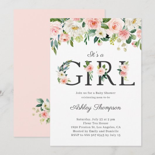 Invitation Fleurs blanches et bleues C'est un Baby shower fém (Devant / Derrière)