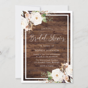 Invitation Fleurs blanches et bleues Fête des mariées en bois
