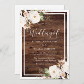 Invitation Fleurs blanches et bleues Mariage en bois rustique (Devant / Derrière)