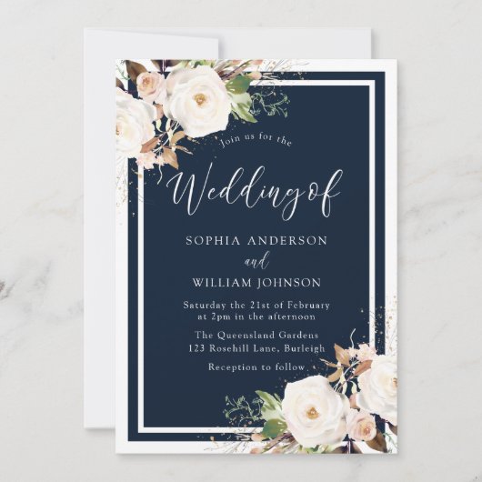Invitation Fleurs blanches et bleues Marine Mariage Indigo (Devant)