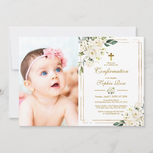 Invitation Fleurs blanches et cadre d'or Confirmation fille p (Devant)